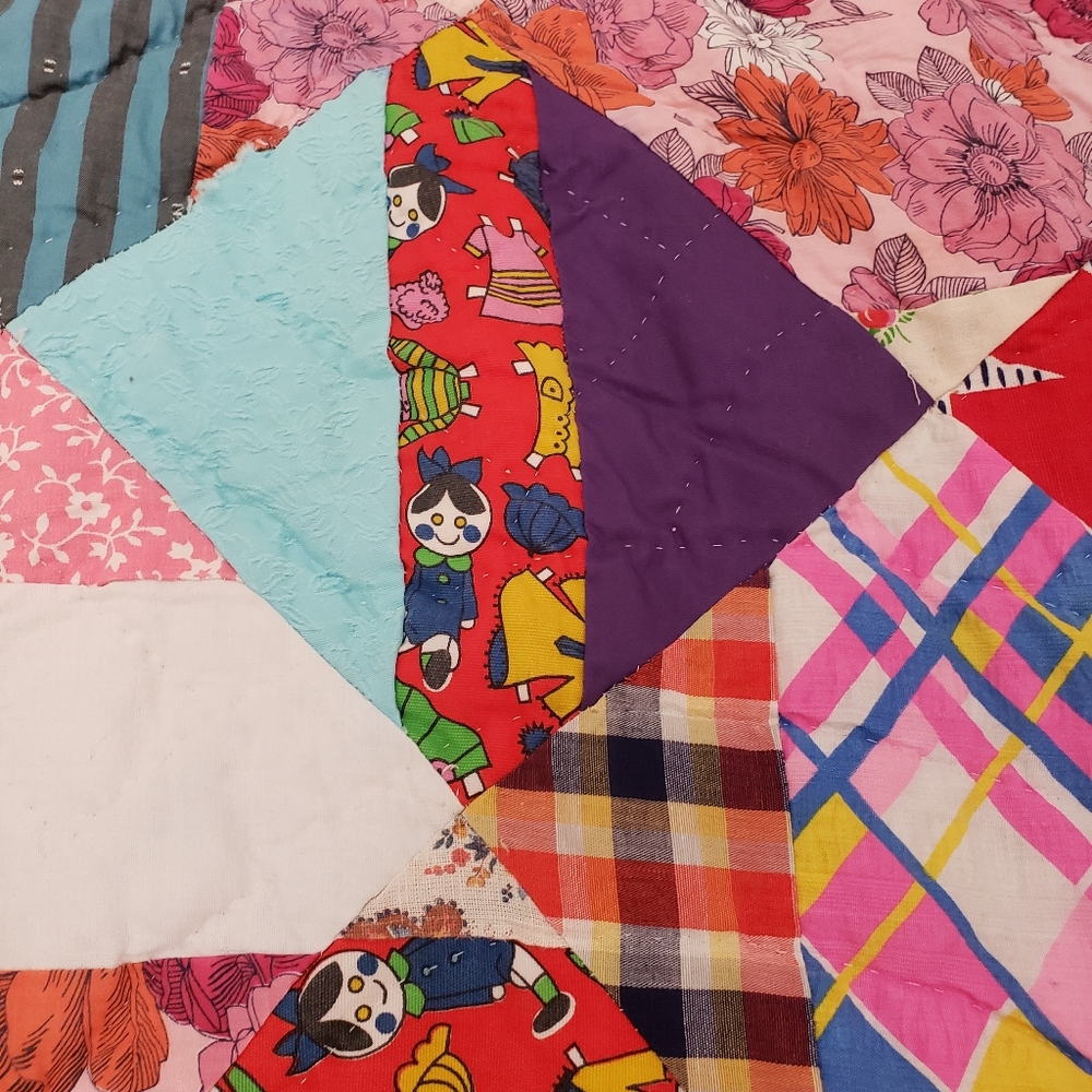 Vintage Patchwork Crazy Quilt Reversable Double Sided Heavy Homemade 80in By 65i - Picture 5 of 7